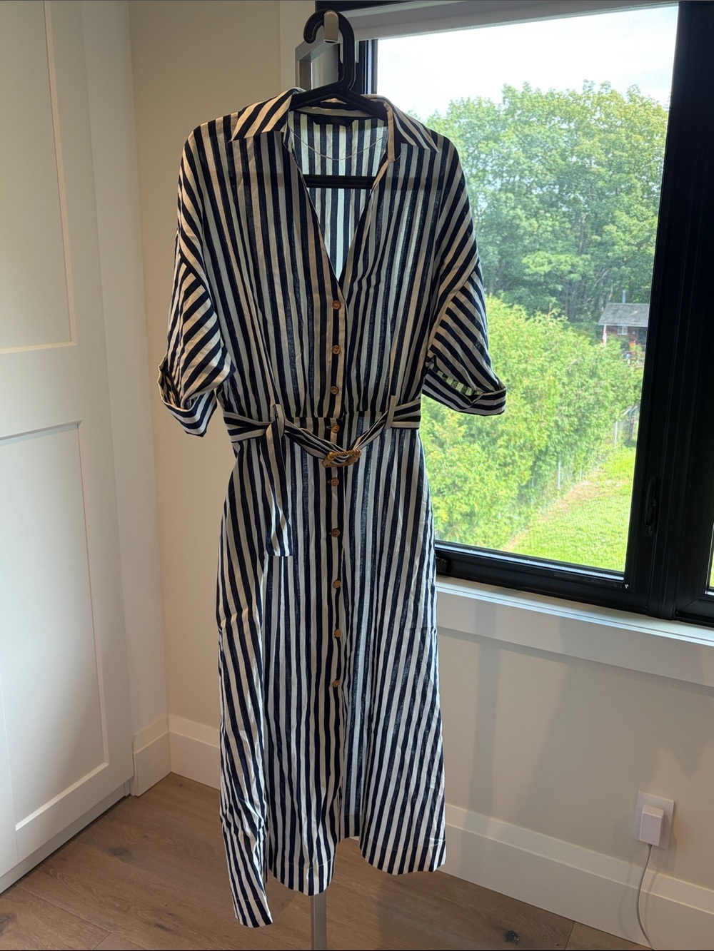 Zara Black & White Striped Linen Blend Maxi Shirt Dress with Belt